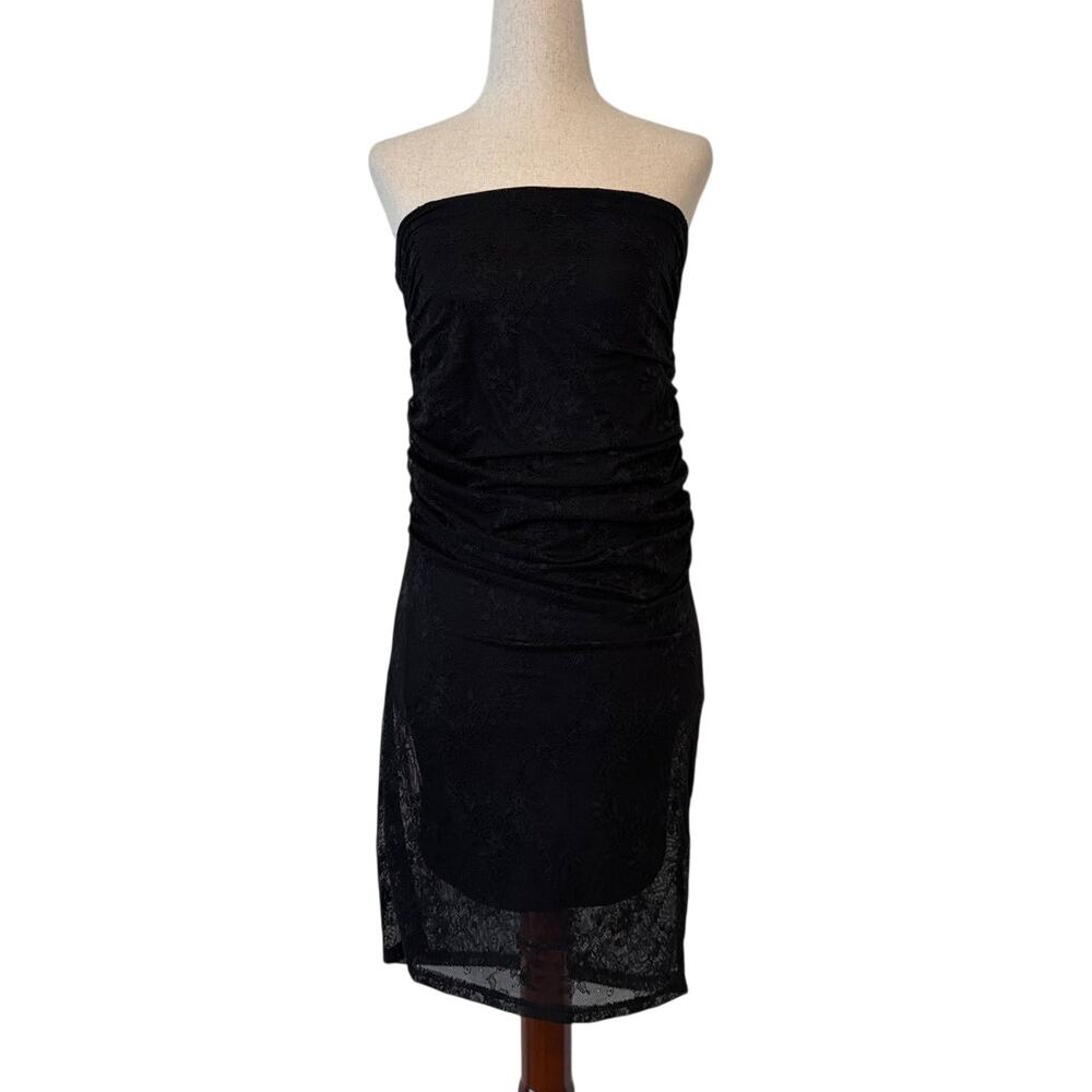 NWOT AFRM Strapless Ruched Mini Dress, Black Lace Overlay, Women's Small